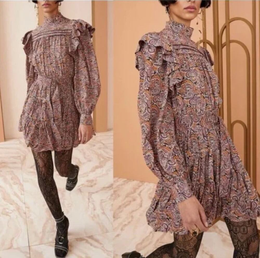 Ulla Johnson Luna Paisley Print 100% Silk Mini Dress Bubble Hem Womens Size 4